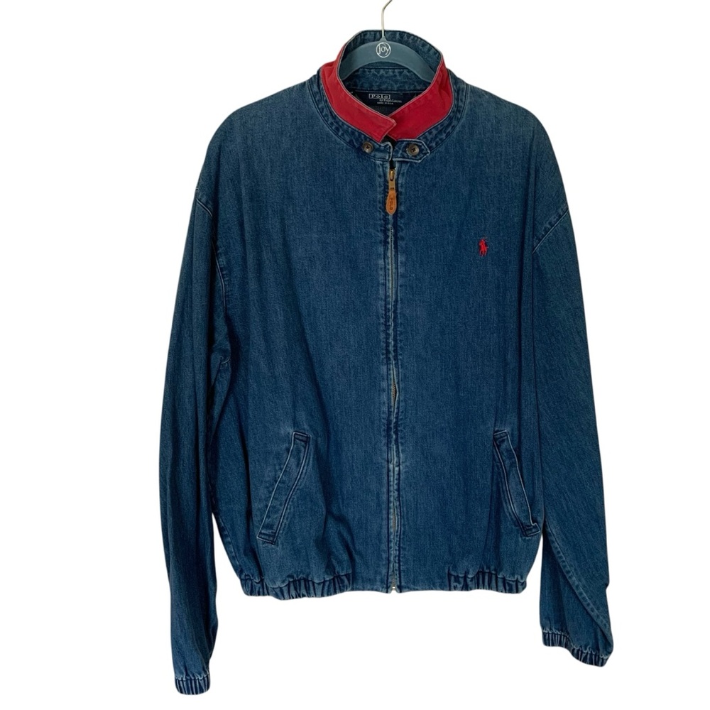 Vintage Polo Ralph Lauren Sz.XL Denim Harrington Jacket Red Collar 1980s RARE
